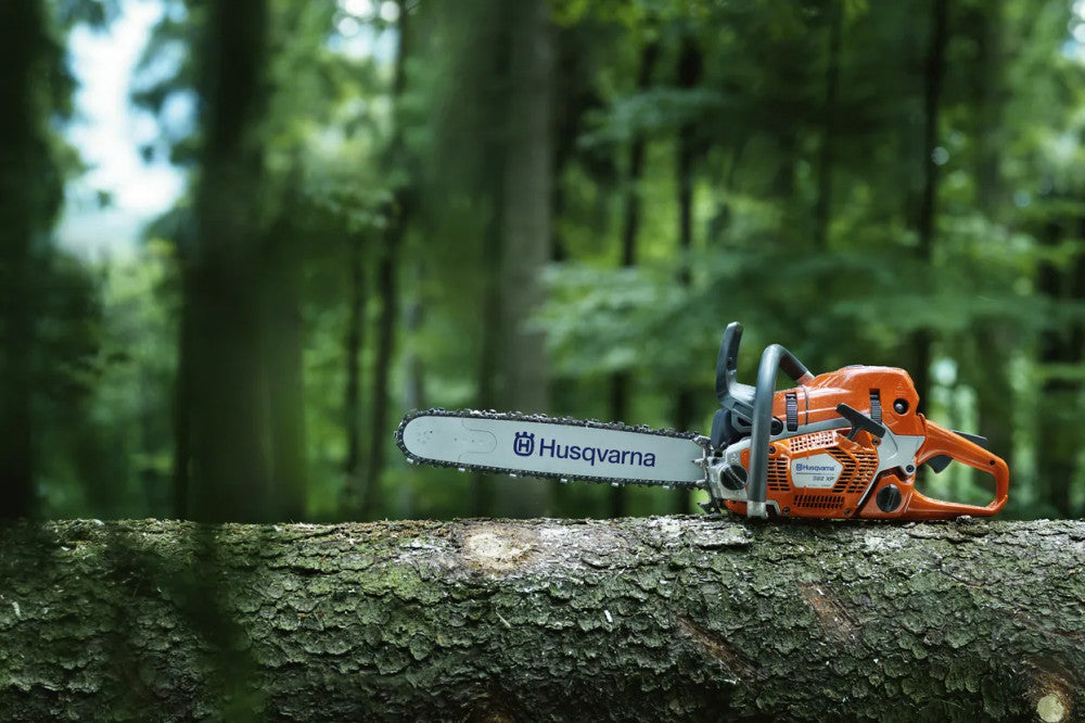 Husqvarna 562 XP benzines láncfűrész ledöntött törzsön, erdei környezetben